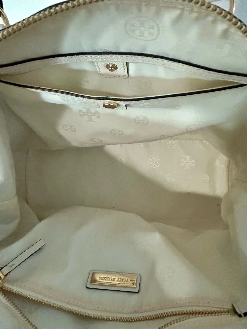 Tory Burch Cream Pebbled Leather Satchel with Chain-Accent Strap
